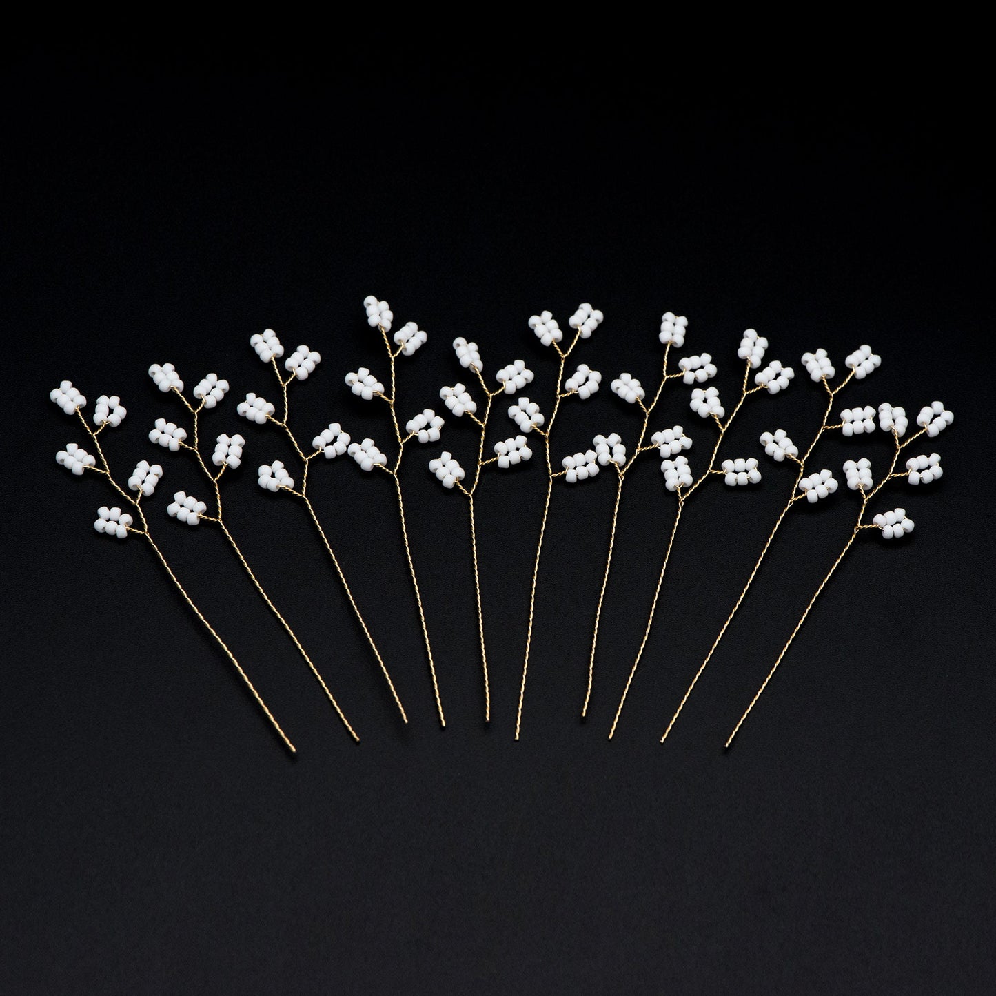 10pcs Beaded Leaf Sprigs on Gold Wire, Flower Tassel Hair Accessories, Seed Glass Beads Branch (FB-050)