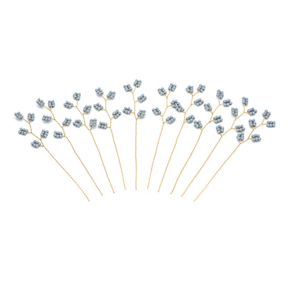 10pcs Beaded Leaf Sprigs on Gold Wire, Flower Tassel Hair Accessories, Seed Glass Beads Branch (FB-050)