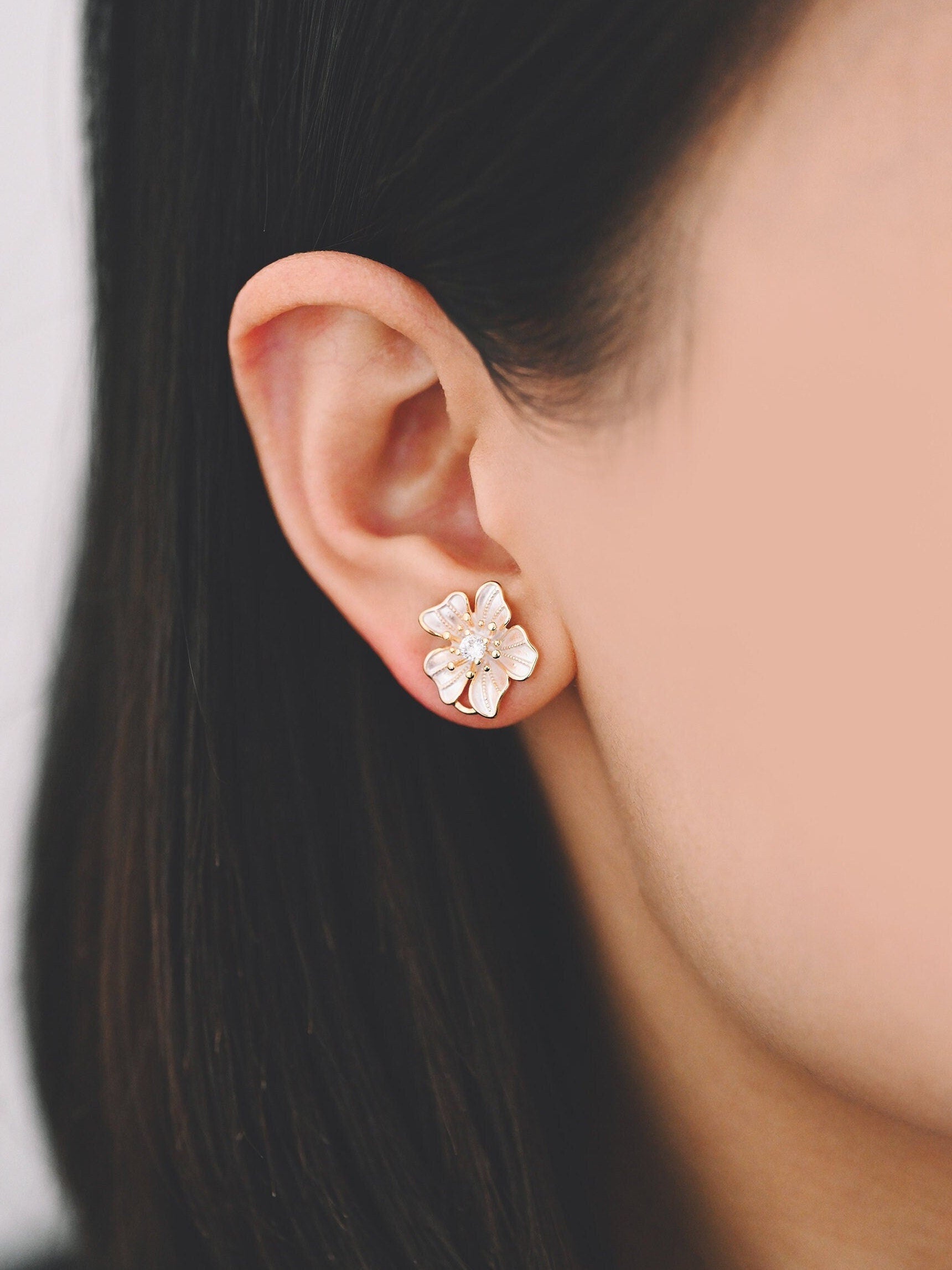 4pcs Gold/ Silver Tone Flower Earring with Loop, Gold/ Rhodium plated Brass, Floral Stud Earrings (GB-4282)