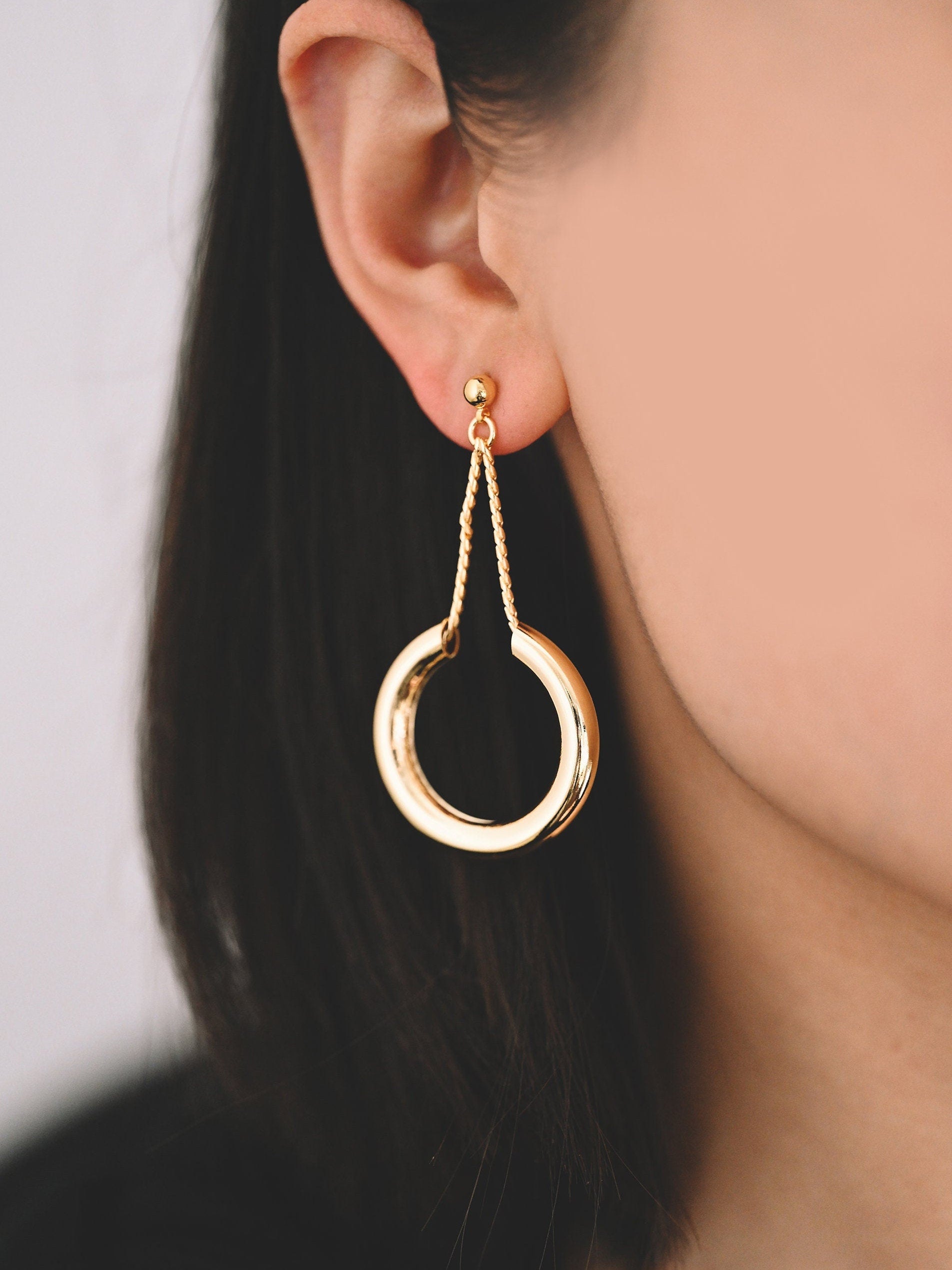 4pcs Gold/ Silver tone Circle Chain Earrings, Gold/ Rhodium Plated Brass Drop Earrings, Dangle Earring (GB-4293)