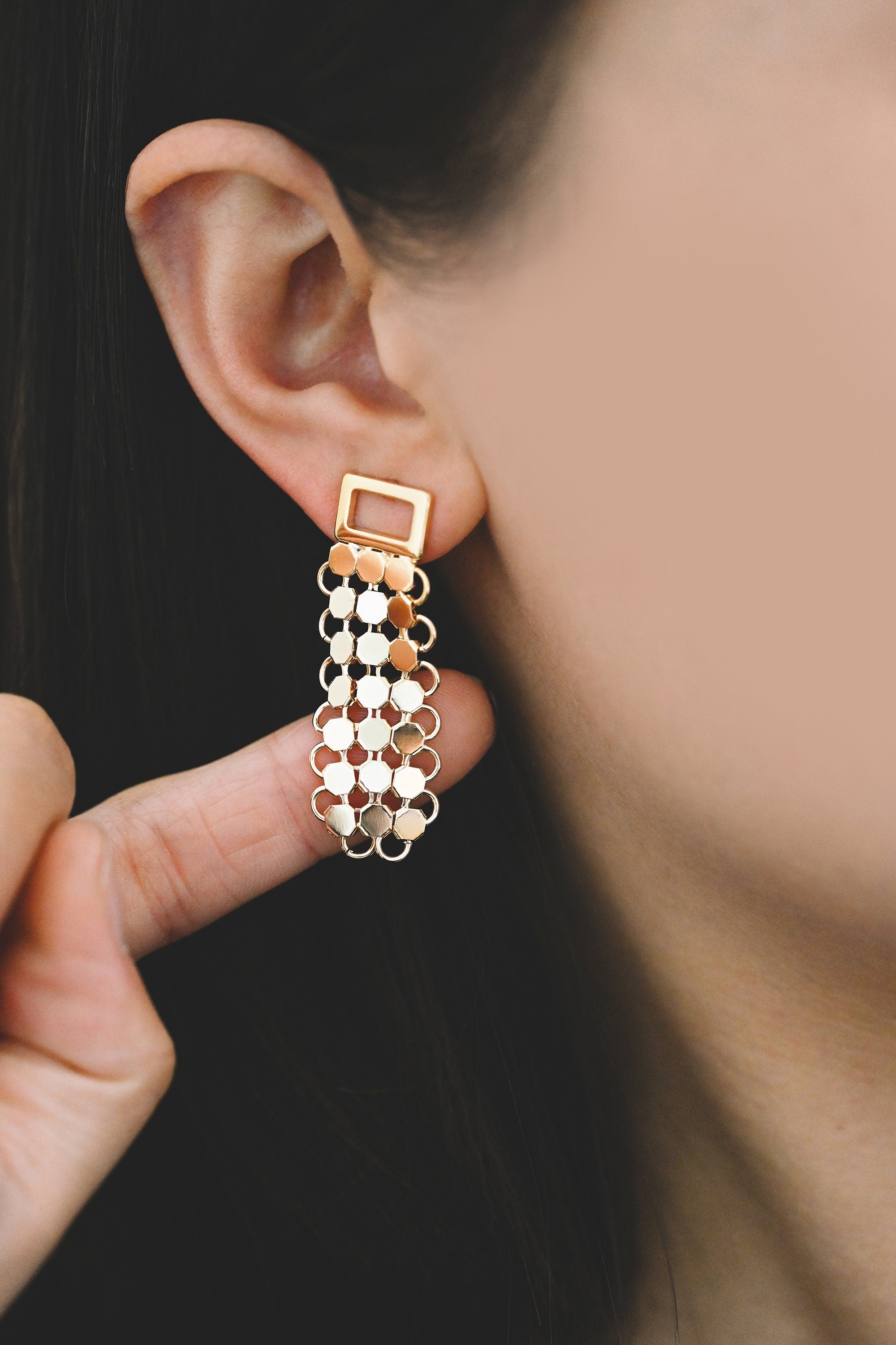 4pcs Gold/ Silver tone Mesh Drop Earrings, 18K Gold/ Rhodium plated Brass, Rectangle Dangle Earrings (GB-4294)