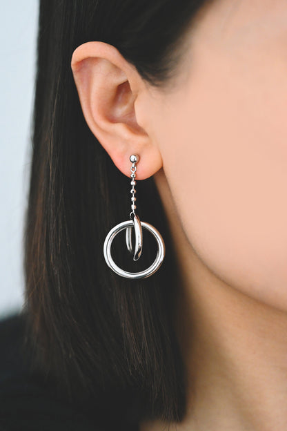 4pcs Gold/ Silver tone Double Circle Earrings, Gold Plated Brass Drop Earrings, Long Dangle Earring (GB-4297)