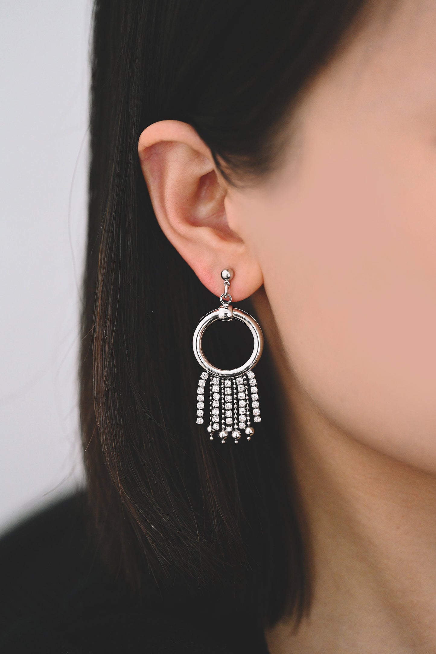 4pcs Gold/ Silver tone Circle Hoop Tassel Earrings 54x22mm, 18K Gold/ Rhodium plated Brass Dangling Stud Earring (GB-4300)