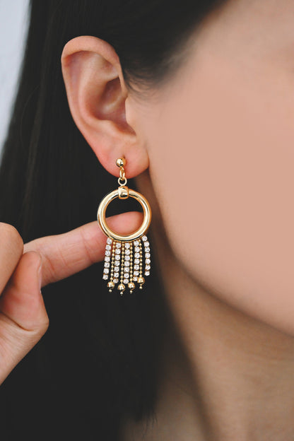 4pcs Gold/ Silver tone Circle Hoop Tassel Earrings 54x22mm, 18K Gold/ Rhodium plated Brass Dangling Stud Earring (GB-4300)