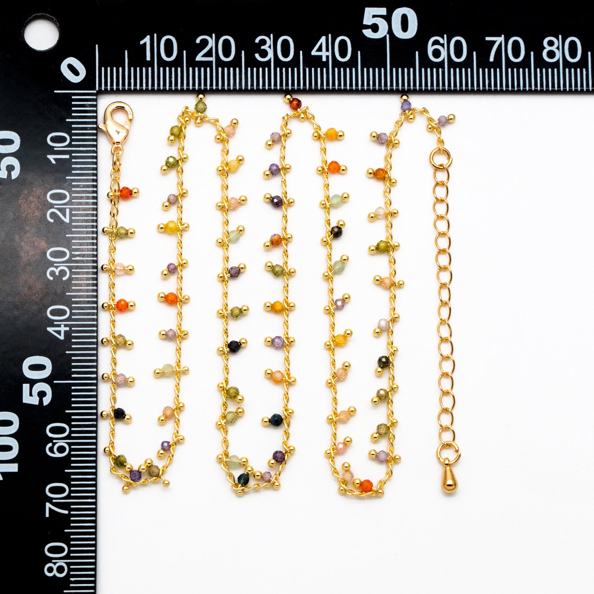 Beaded Bracelet/ Anklet/ Necklace with Extender, Gemstone Bead Chain, 18K Gold plated Brass, Adjustable Ready to Wear (#LK-574)