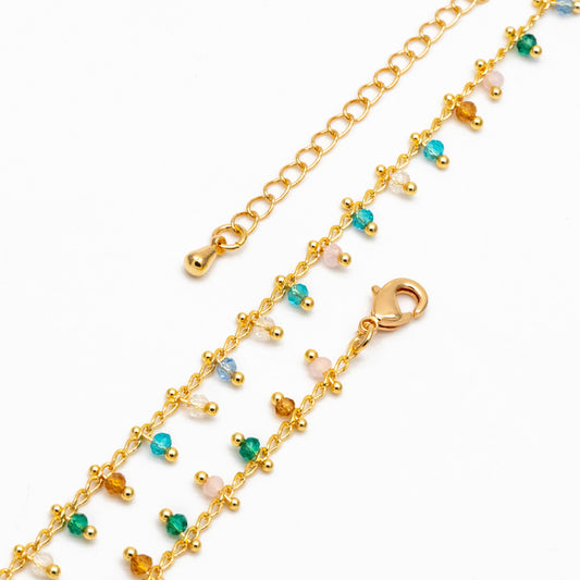 Beaded Bracelet/ Anklet/ Necklace with Extender, Gemstone Bead Chain, 18K Gold plated Brass, Adjustable Ready to Wear (#LK-574)