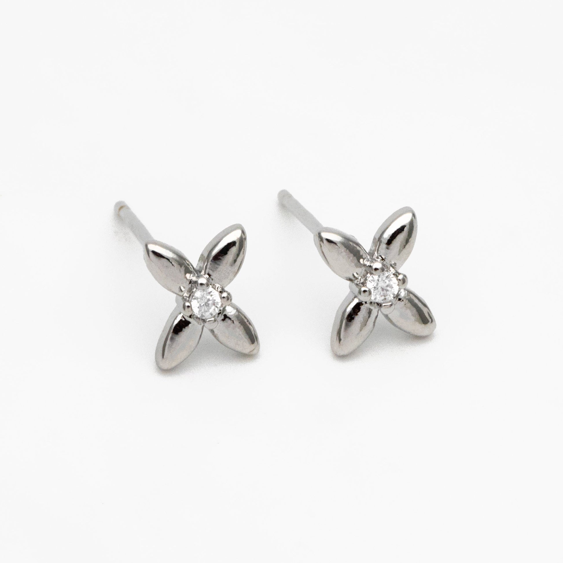 10pcs CZ Pave Gold/ Silver Tone Flower Earrings, Gold/ Rhodium Plated Brass, Dainty Flower Stud Earrings (GB-4332)