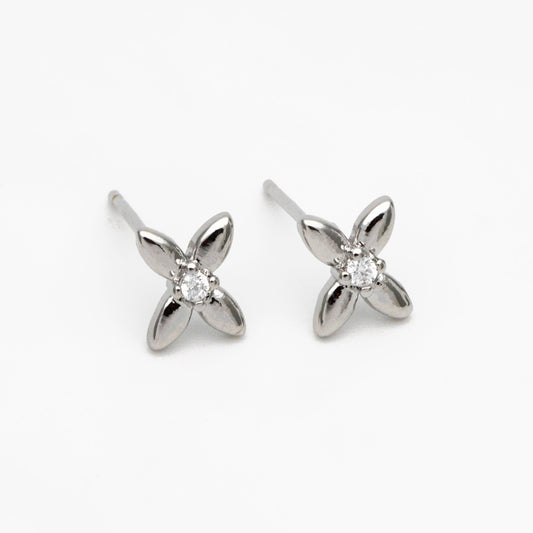 10pcs CZ Pave Gold/ Silver Tone Flower Earrings, Gold/ Rhodium Plated Brass, Dainty Flower Stud Earrings (GB-4332)