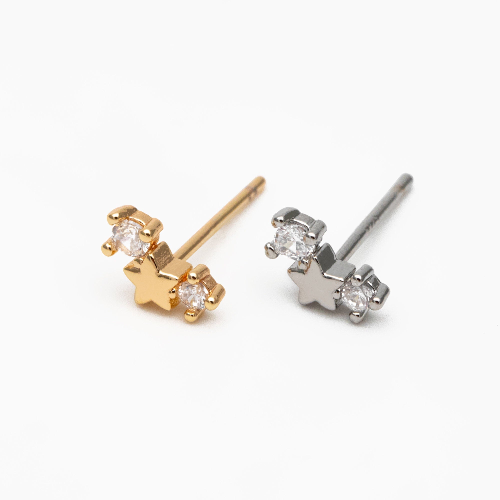 10pcs CZ Pave Gold/ Silver Tone Star Earrings, Gold/ Rhodium Plated Brass, Dainty Star Stud Earrings (GB-3041-I)