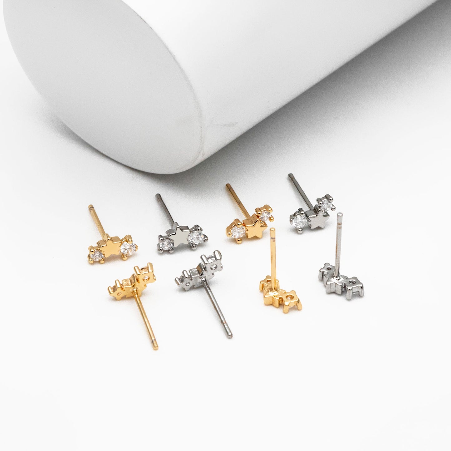 10pcs CZ Pave Gold/ Silver Tone Star Earrings, Gold/ Rhodium Plated Brass, Dainty Star Stud Earrings (GB-3041-I)