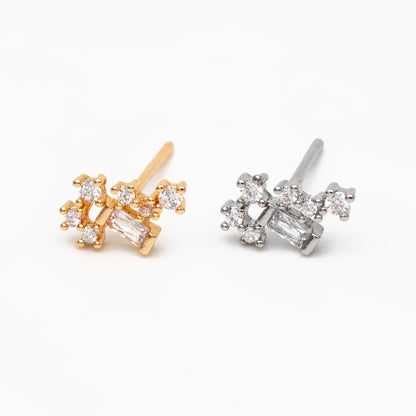 10pcs Gold/ Silver Tone CZ Cluster Geometric Stud Earrings, 18K Gold/ Rhodium Plated Brass, Cubic Zirconia Earrings (#GB-4335)