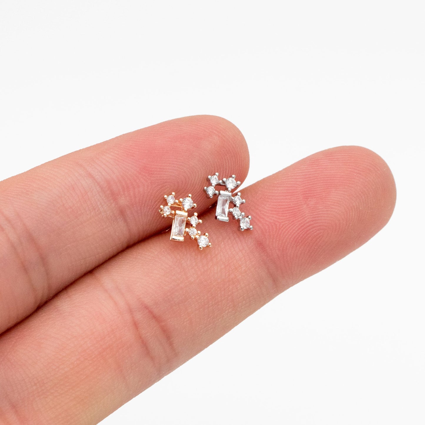10pcs Gold/ Silver Tone CZ Cluster Geometric Stud Earrings, 18K Gold/ Rhodium Plated Brass, Cubic Zirconia Earrings (#GB-4335-A)