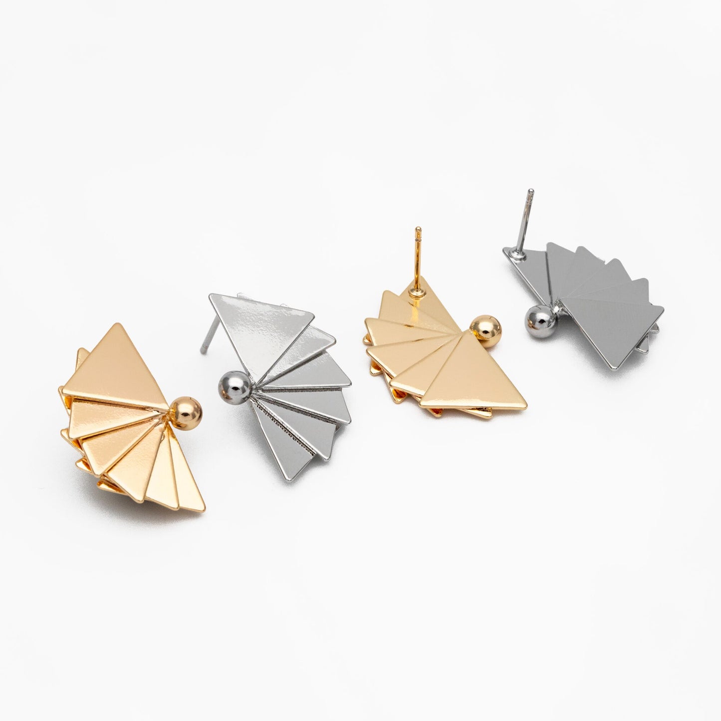 4pcs Gold/ Silver Tone Fan Shape Earrings, Gold/ Rhodium Plated Brass Fan Stud Earrings (GB-4336)