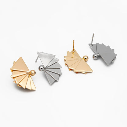 4pcs Gold/ Silver Tone Fan Shape Earrings, Gold/ Rhodium Plated Brass Fan Stud Earrings (GB-4336)