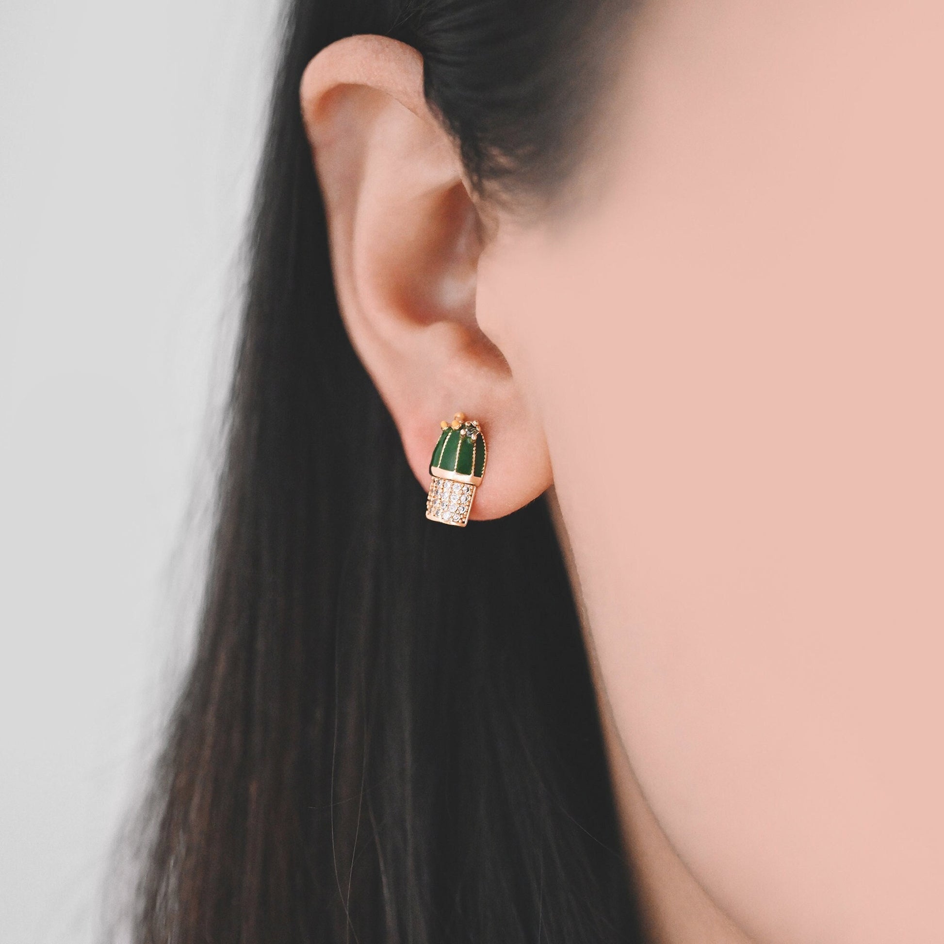 4pcs CZ Pave Enamel Cactus Stud Earrings, 18K Gold plated Brass, Cactus Ear Posts (#GB-1503)