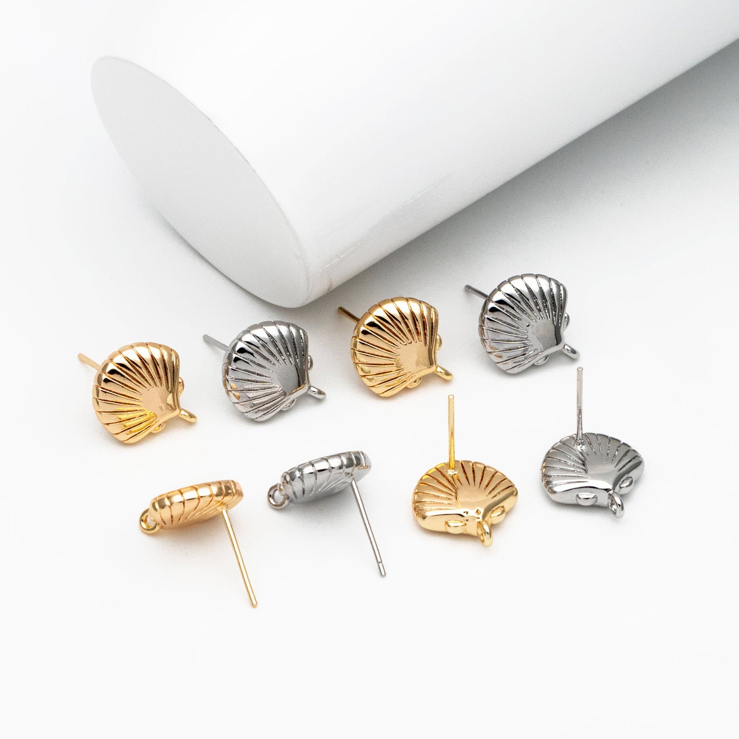 10pcs Gold/ Silver Tone Shell Earring with Loop 14x13mm, Gold/ Rhodium plated Brass Seashell Stud Earrings (GB-4339)