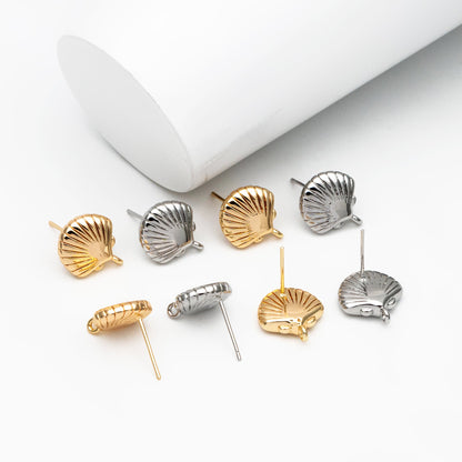 10pcs Gold/ Silver Tone Shell Earring with Loop 14x13mm, Gold/ Rhodium plated Brass Seashell Stud Earrings (GB-4339)