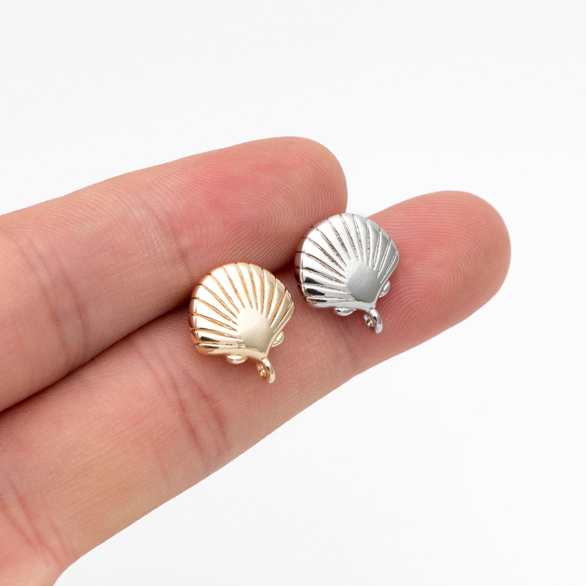 10pcs Gold/ Silver Tone Shell Earring with Loop 14x13mm, Gold/ Rhodium plated Brass Seashell Stud Earrings (GB-4339)