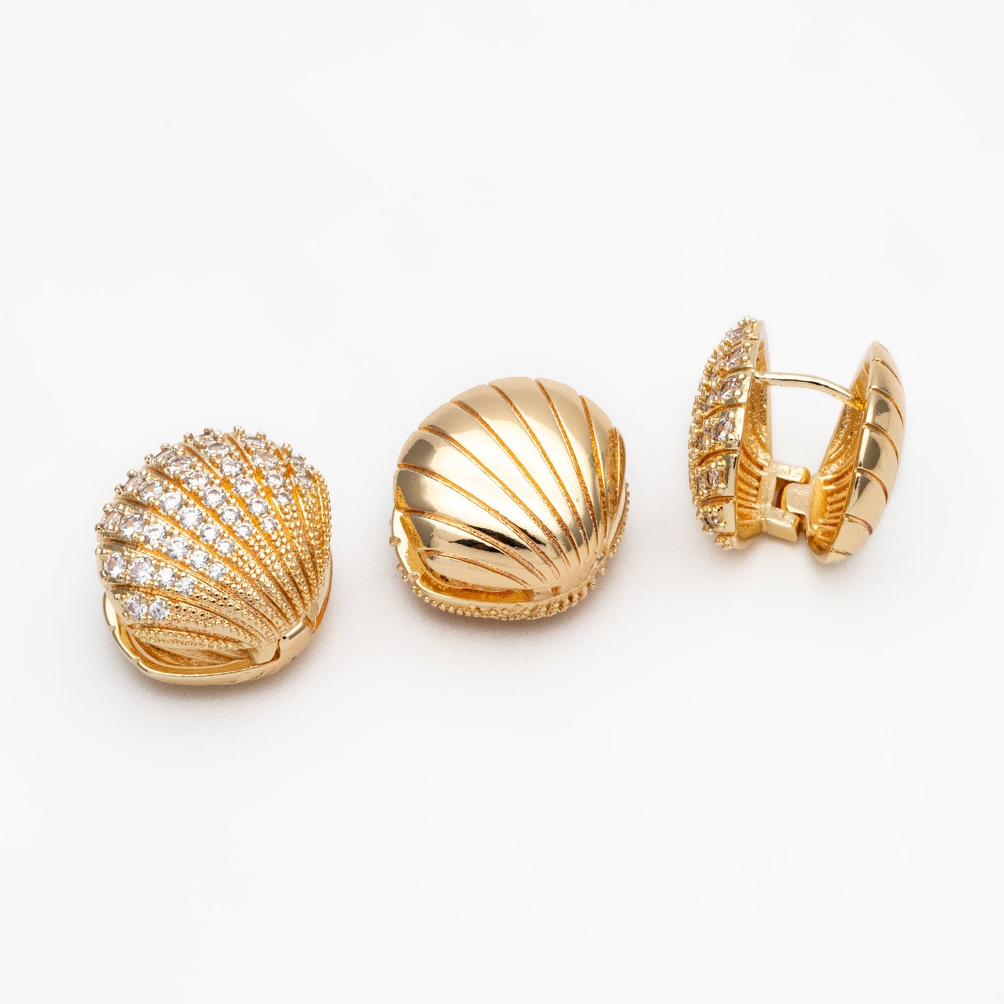 4pcs CZ Pave Gold/ Silver Shell Earrings, Gold/ Rhodium plated Brass, Dainty Seashell Hoop Earrings (GB-4347)