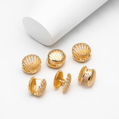 4pcs CZ Pave Gold/ Silver Shell Earrings, Gold/ Rhodium plated Brass, Dainty Seashell Hoop Earrings (GB-4347)