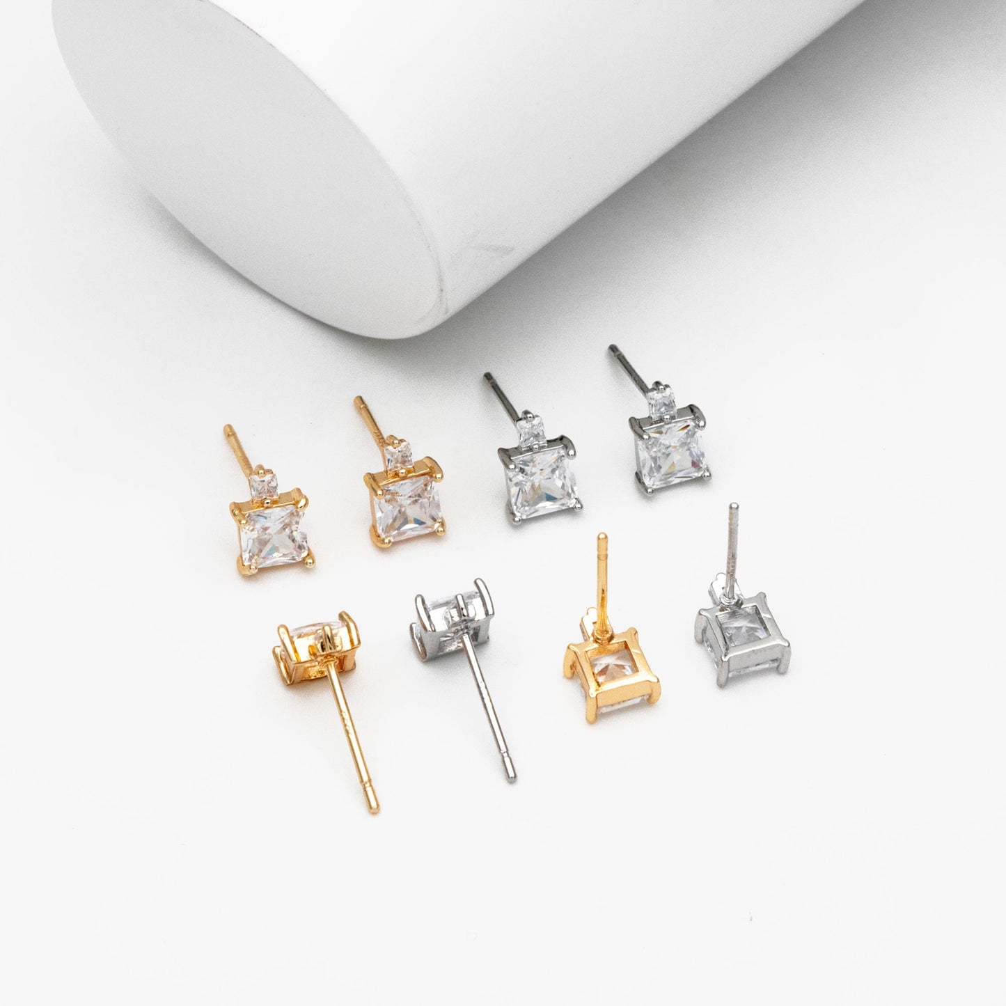 10pcs CZ Pave Gold/ Silver Square Earrings, 18K Gold/ Rhodium plated Brass, Geometric Stud Earrings (#GB-4350)