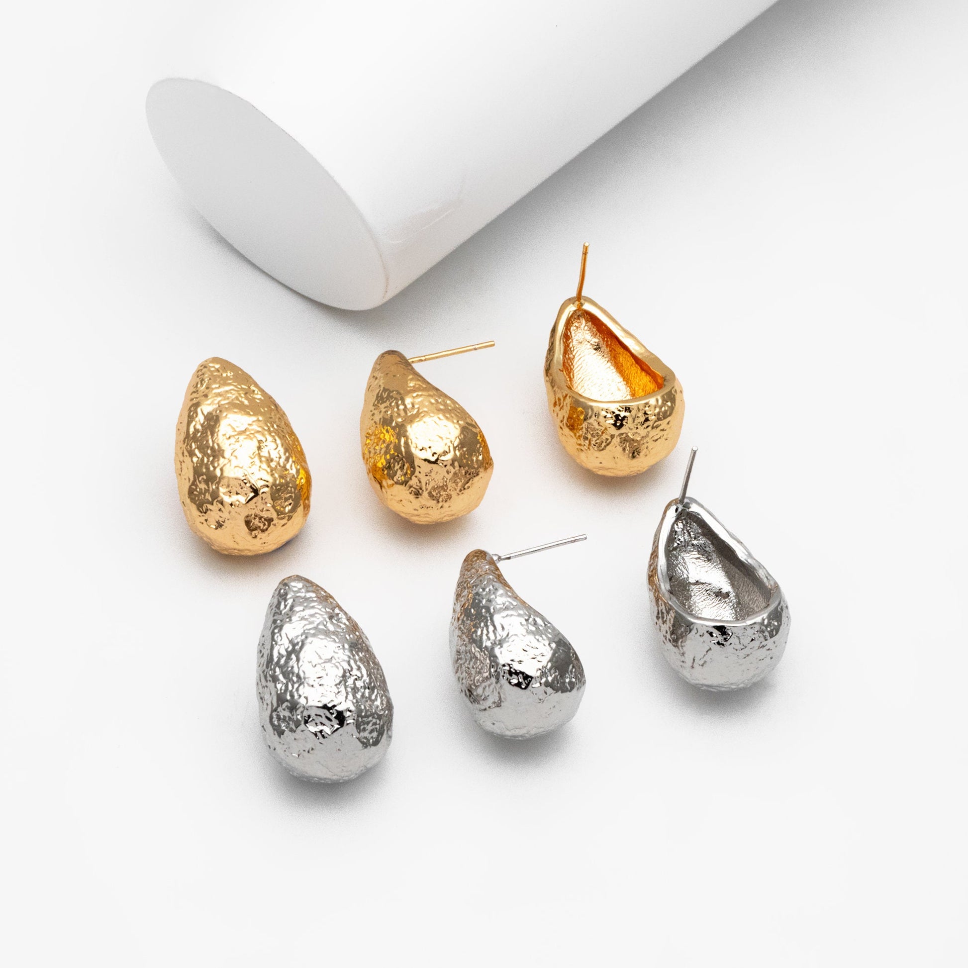 4pcs Gold /Silver Rough Teardrop Earrings, 18K Gold/ Rhodium Plated Brass, Water Drop Stud Earrings (GB-4351)