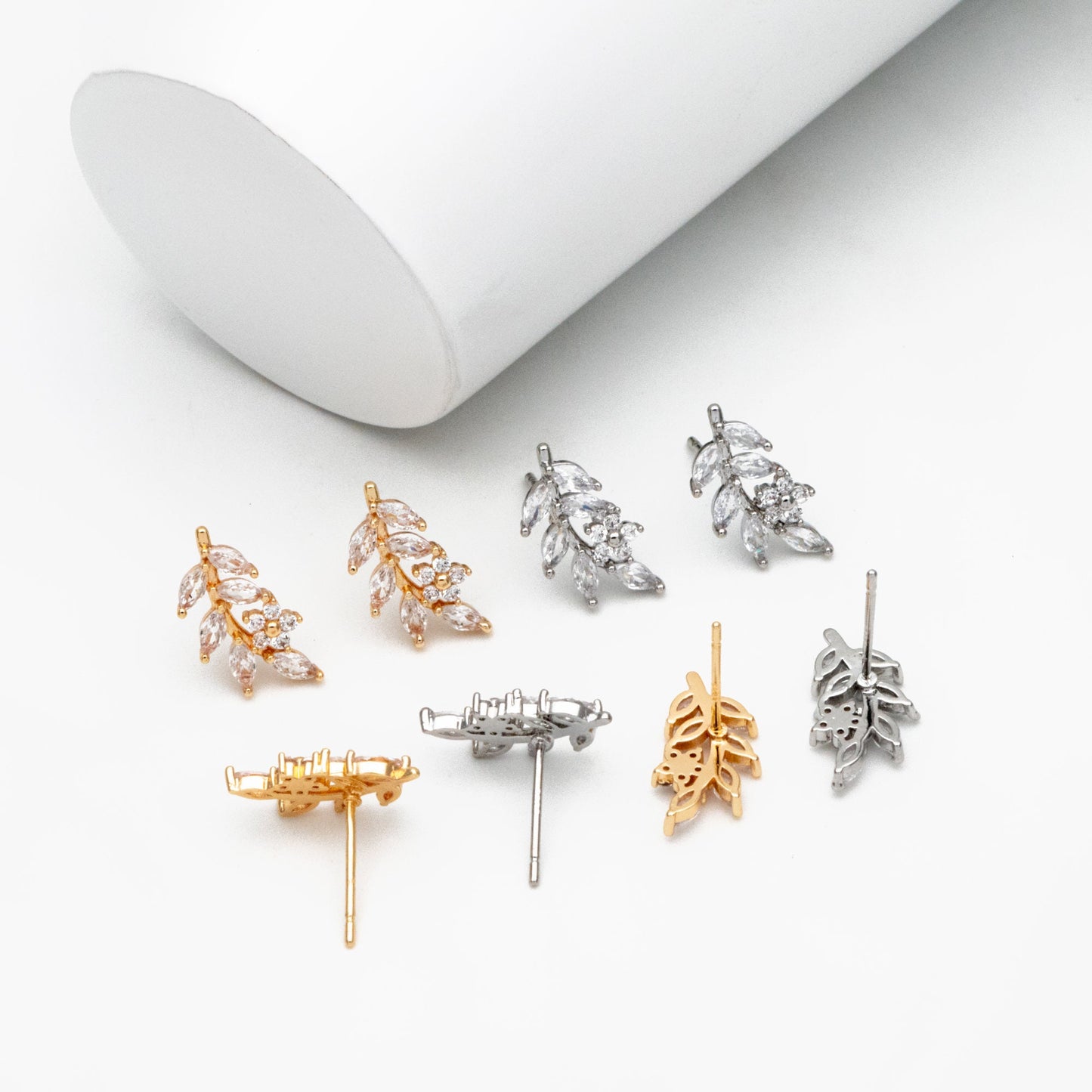 4pcs CZ Pave Gold/ Silver Leaf Earrings, 18K Real Gold/ Rhodium Plated Brass, Dainty Flower Stud Earrings (GB-4354)