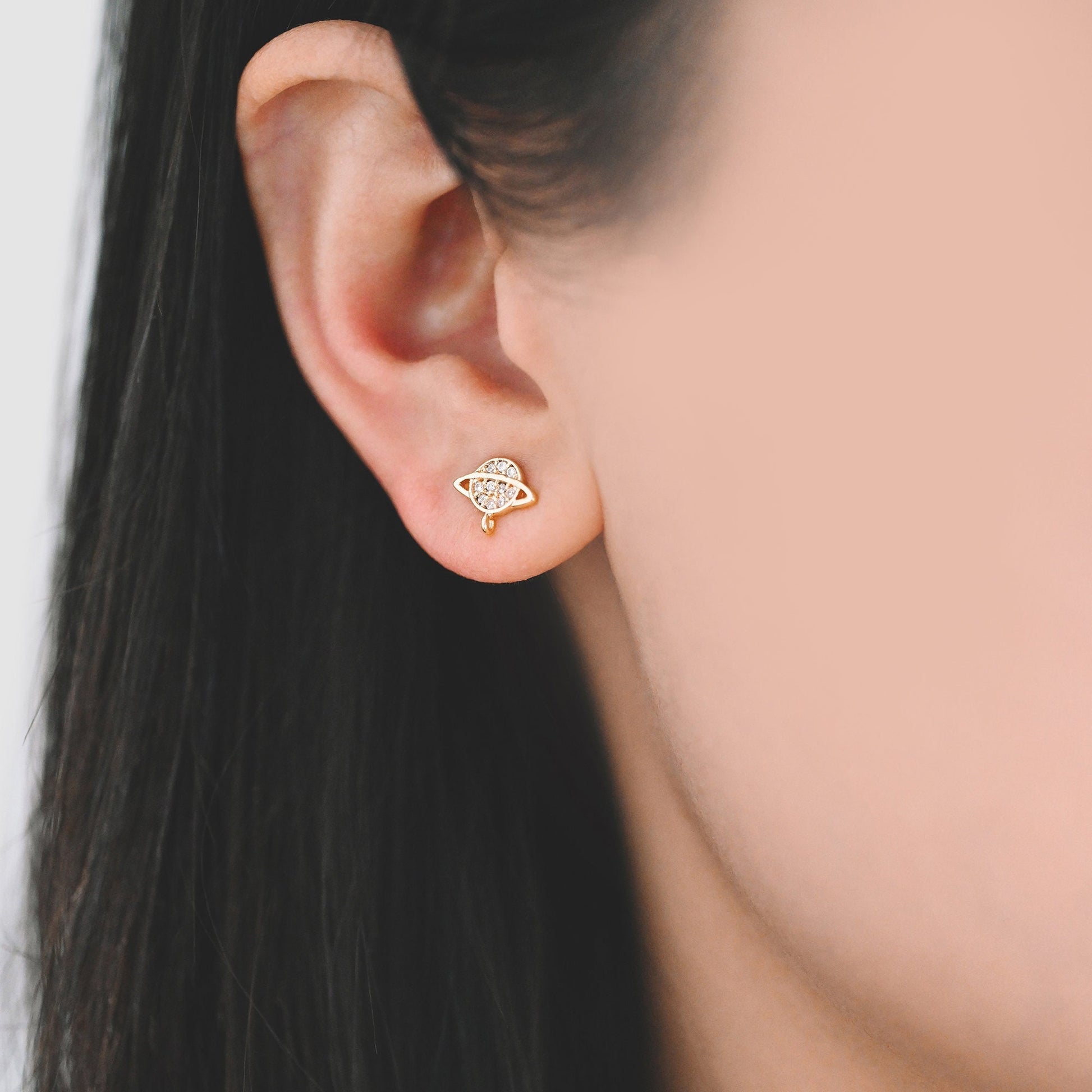 10pcs CZ Pave Saturn Ear Posts 9x7.5mm, Real Gold Plated Brass Stud Earrings (#GB-1703)