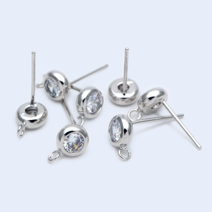 10pcs CZ Pave Gold/ Silver Tone Round Stud Earring with Loop, Gold/ Rhodium Plated Brass Stud Earrings (#GB-1622)