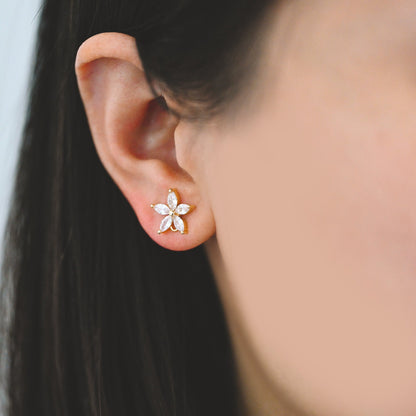 4pcs CZ Pave Flower Ear Posts 12mm, Real Gold Plated Brass Stud Earrings (#GB-314-B)