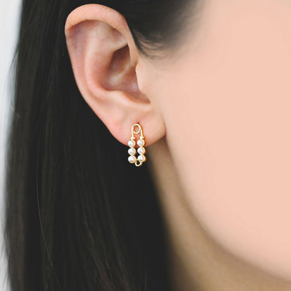 10pcs Gold plated Brass Safety Pin Stud Earring, Faux Pearl Ear Posts with Loop (GB-727)