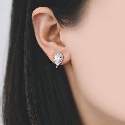 10pcs Gold/ Silver tone Teardrop Stud Earrings with Loop, CZ Pave Ear Posts 15x9mm, Gold/ Rhodium plated Brass Earring Findings (#GB-962)