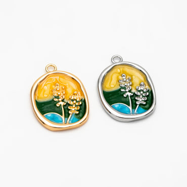 4pcs Gold/ Silver Tone Enamel Painting Charms, 18K Gold/ Rhodium plated Brass, Dainty Flower Pendants (GB-3950-E)