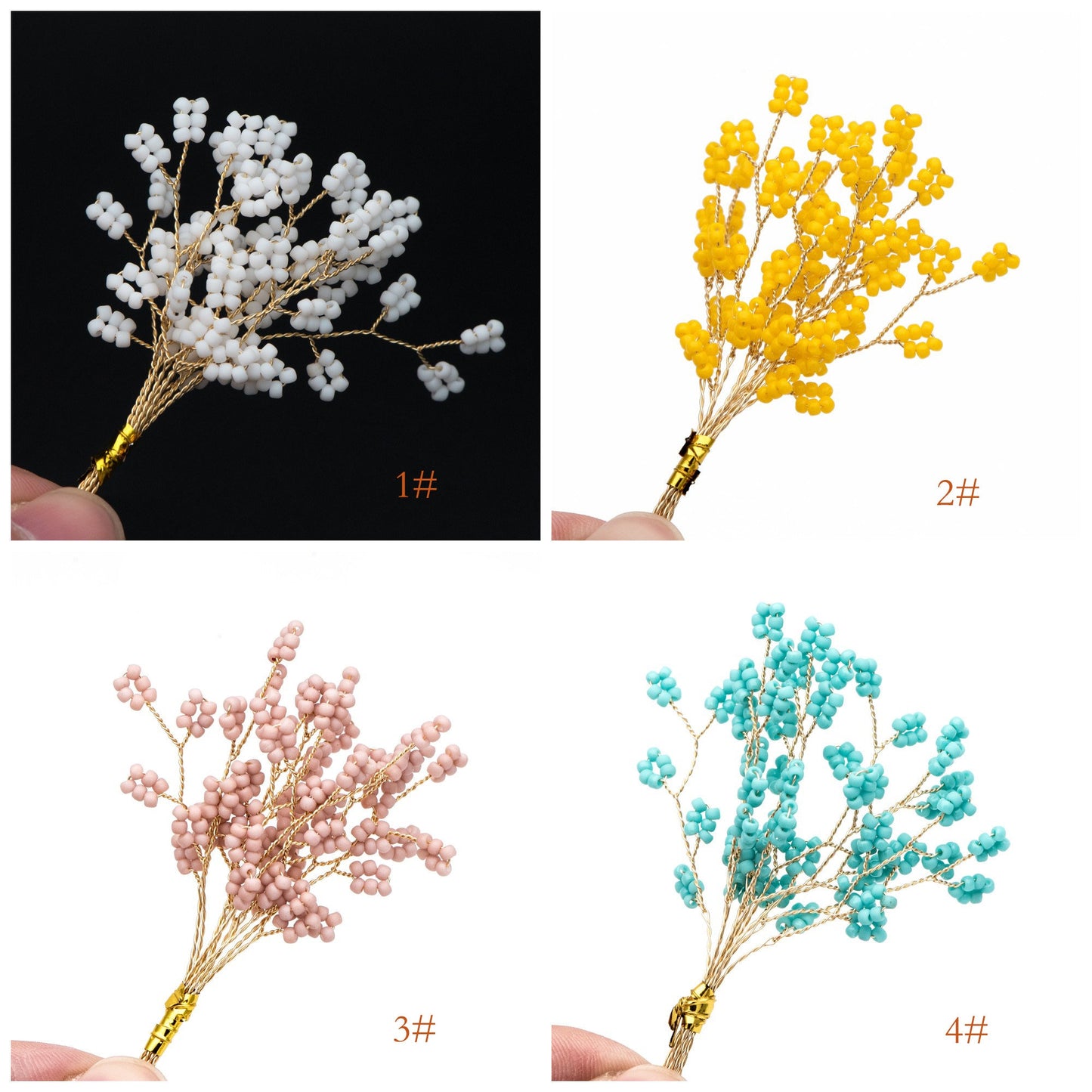 10pcs Beaded Leaf Sprigs on Gold Wire, Flower Tassel Hair Accessories, Seed Glass Beads Branch (FB-050)