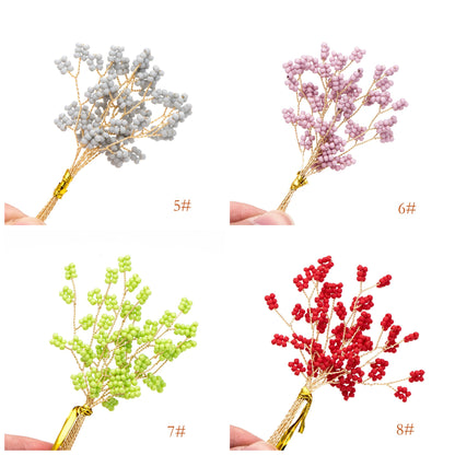 10pcs Beaded Leaf Sprigs on Gold Wire, Flower Tassel Hair Accessories, Seed Glass Beads Branch (FB-050)