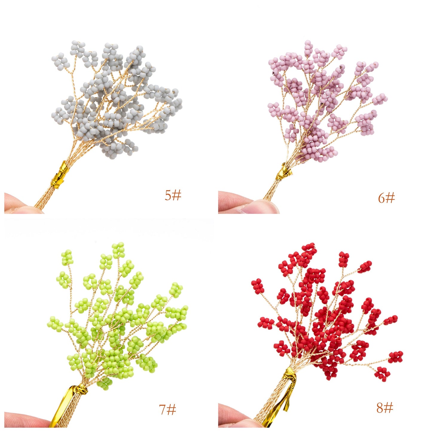 10pcs Beaded Leaf Sprigs on Gold Wire, Flower Tassel Hair Accessories, Seed Glass Beads Branch (FB-050)