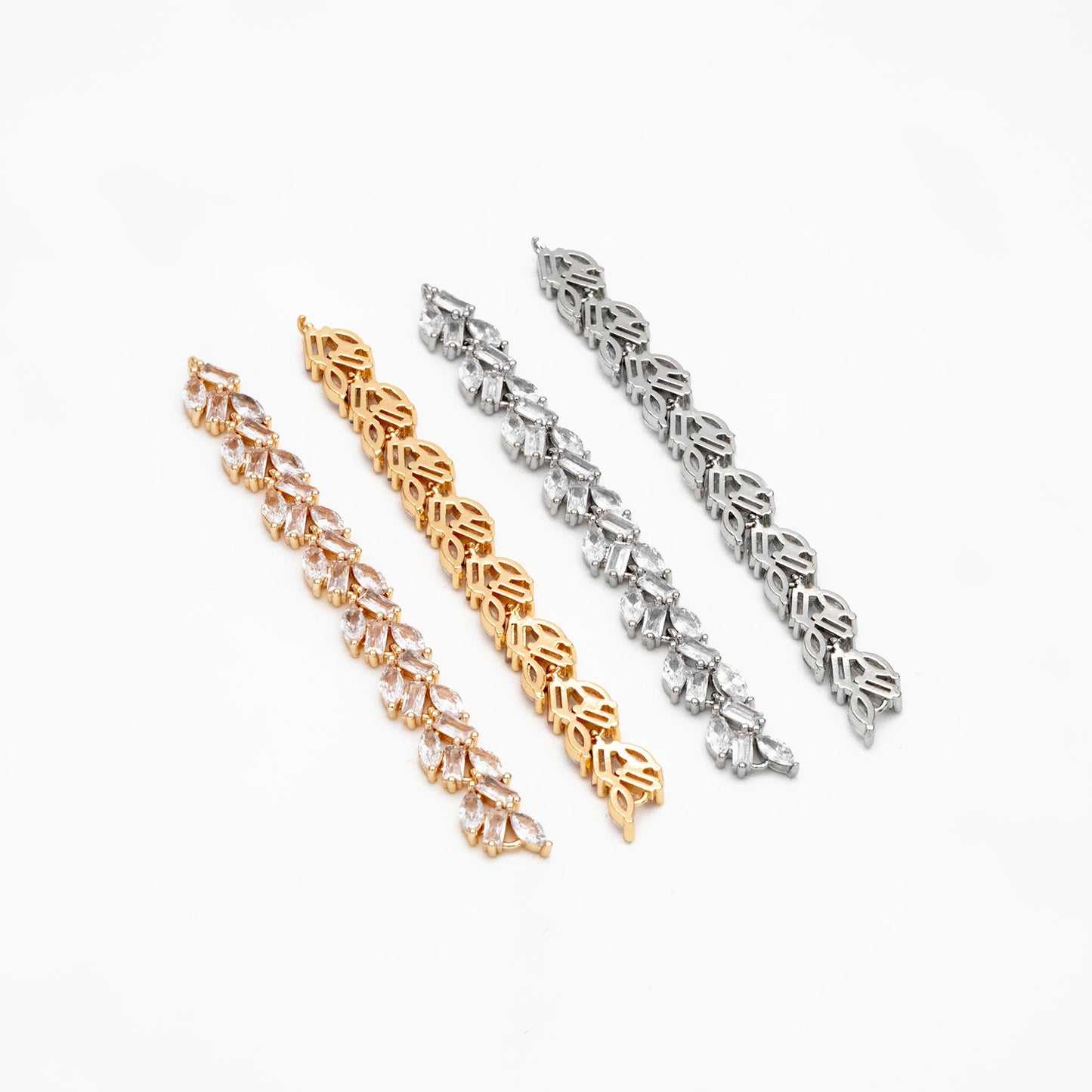 4pcs CZ Pave Gold/ Silver Leaf Charm Connector 73x7mm, 18K Gold/ Rhodium plated Brass, Dangle Earring Pendants (#GB-3669-A)