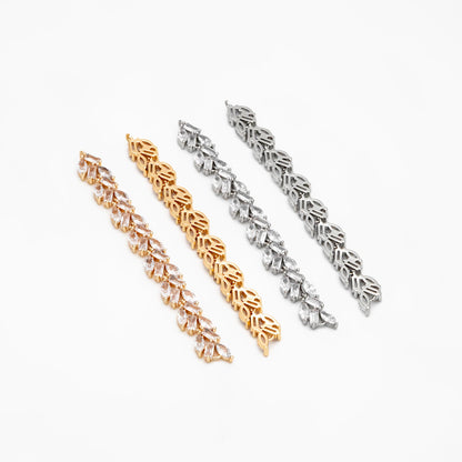 4pcs CZ Pave Gold/ Silver Leaf Charm Connector 73x7mm, 18K Gold/ Rhodium plated Brass, Dangle Earring Pendants (#GB-3669-A)