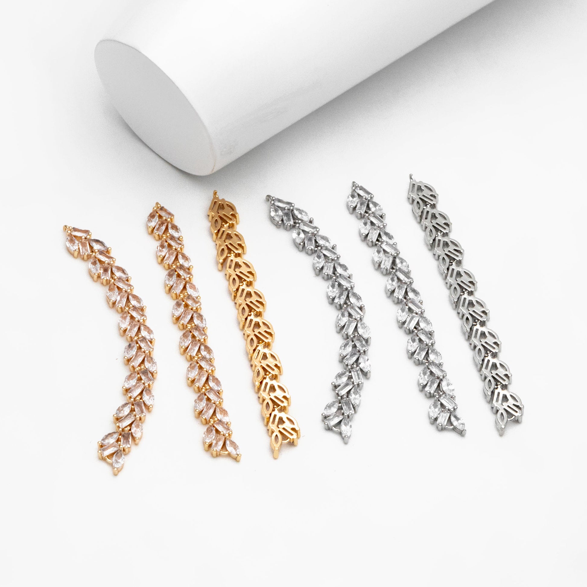 4pcs CZ Pave Gold/ Silver Leaf Charm Connector 73x7mm, 18K Gold/ Rhodium plated Brass, Dangle Earring Pendants (#GB-3669-A)