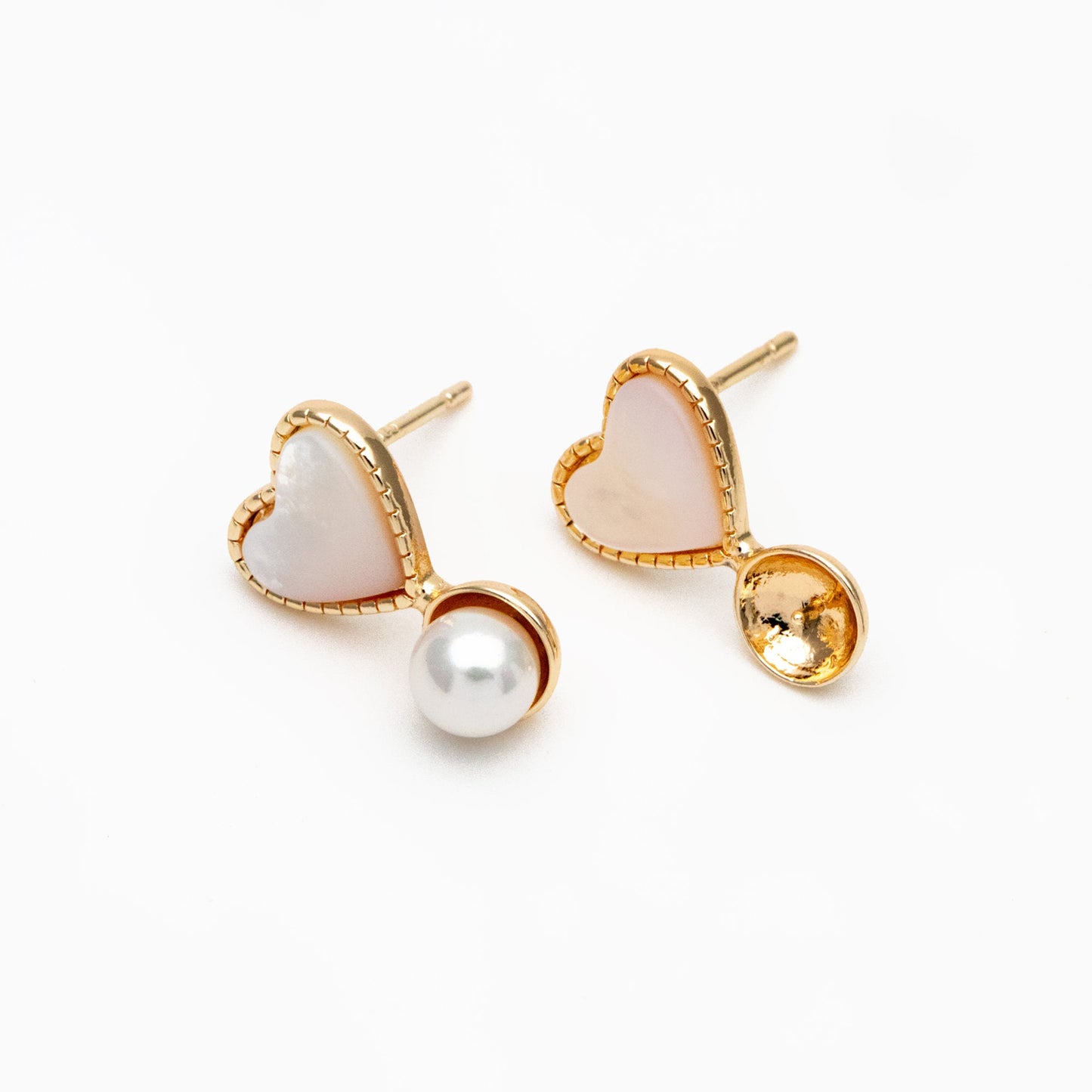4pcs Shell Pave Gold Heart Earrings, Pearl Peg Earring Mounts, Half Drilled Pearl Earring Settings (GB-4374)