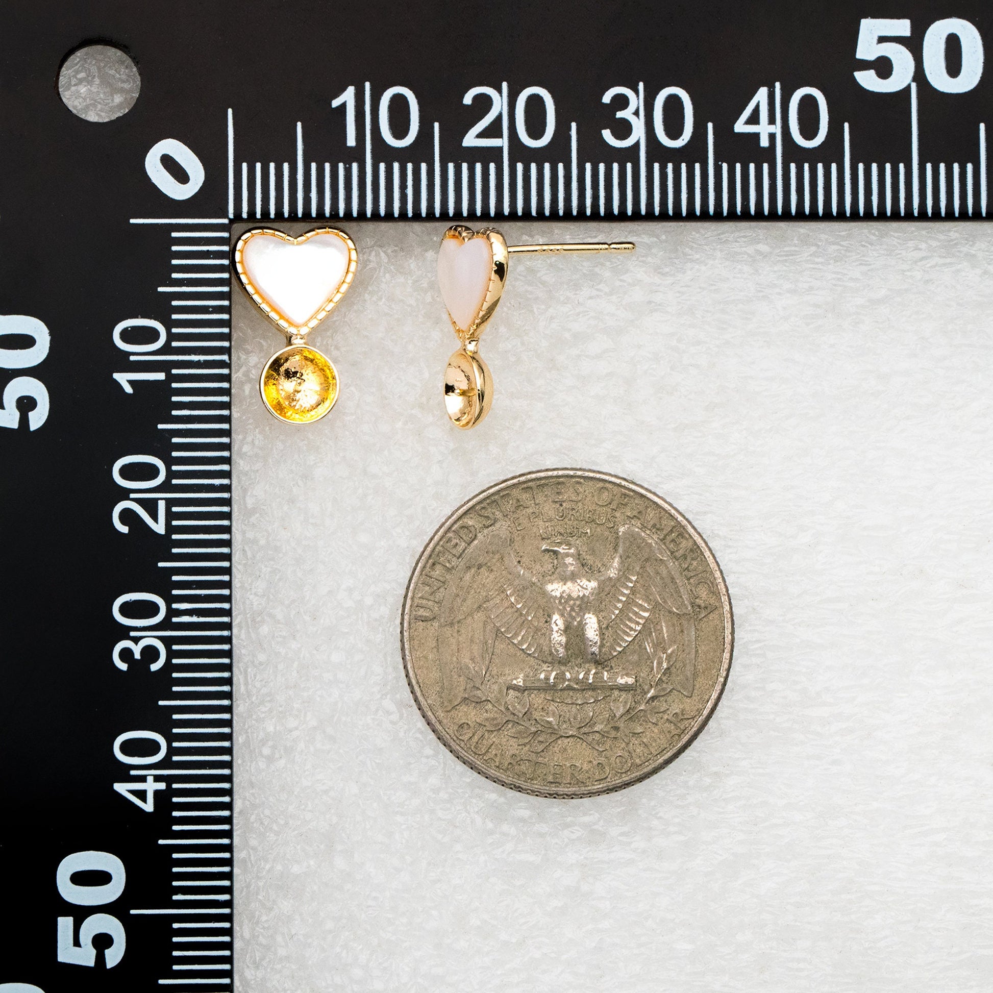 4pcs Shell Pave Gold Heart Earrings, Pearl Peg Earring Mounts, Half Drilled Pearl Earring Settings (GB-4374)