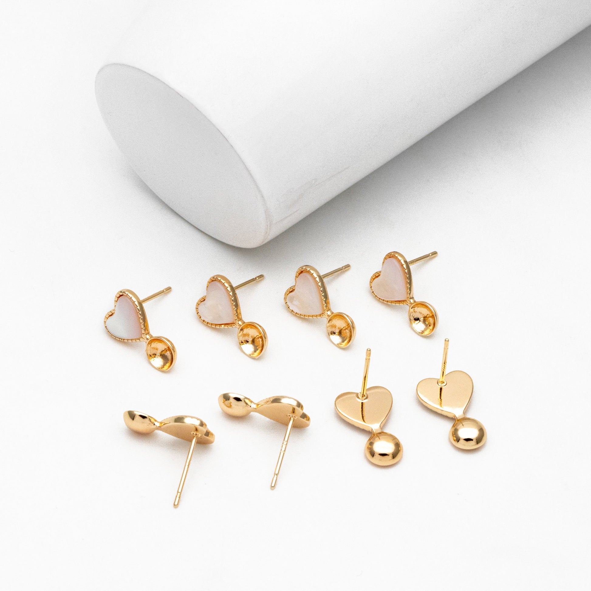 4pcs Shell Pave Gold Heart Earrings, Pearl Peg Earring Mounts, Half Drilled Pearl Earring Settings (GB-4374)