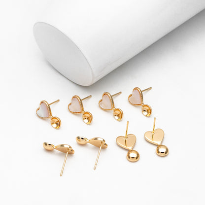 4pcs Shell Pave Gold Heart Earrings, Pearl Peg Earring Mounts, Half Drilled Pearl Earring Settings (GB-4374)