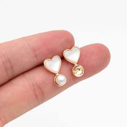 4pcs Shell Pave Gold Heart Earrings, Pearl Peg Earring Mounts, Half Drilled Pearl Earring Settings (GB-4374)