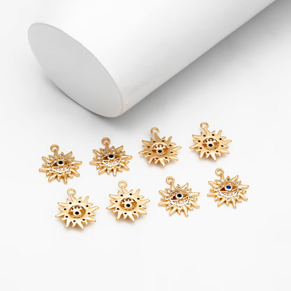 4pcs CZ Pave Gold Sun Charms, 18K Gold plated Brass, Evil Eye Charms (GB-1819-J)