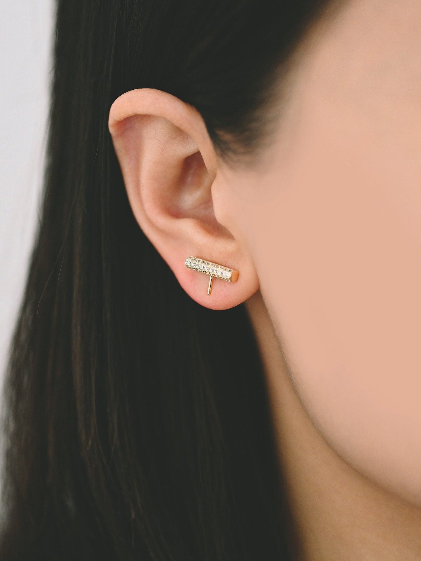 4pcs CZ Pave Gold Bar Earrings, Pearl Earring Mounts, Half Drilled Pearls Earring Settings (GB-4279)