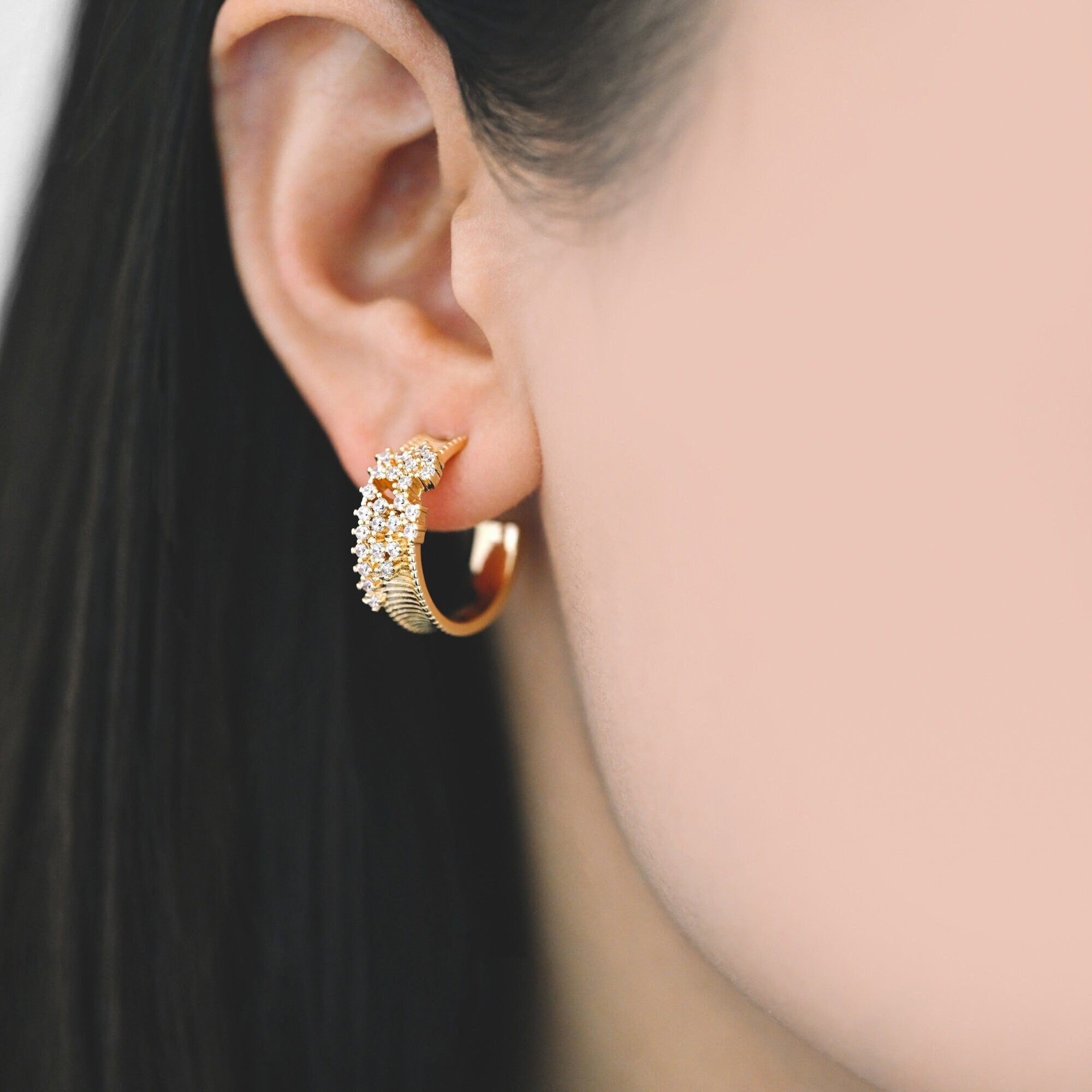 4pcs CZ Pave Gold/ Silver Round Circle Earrings, Gold/ Rhodium plated Brass, Geometric Hoop Stud Earrings (GB-4316)