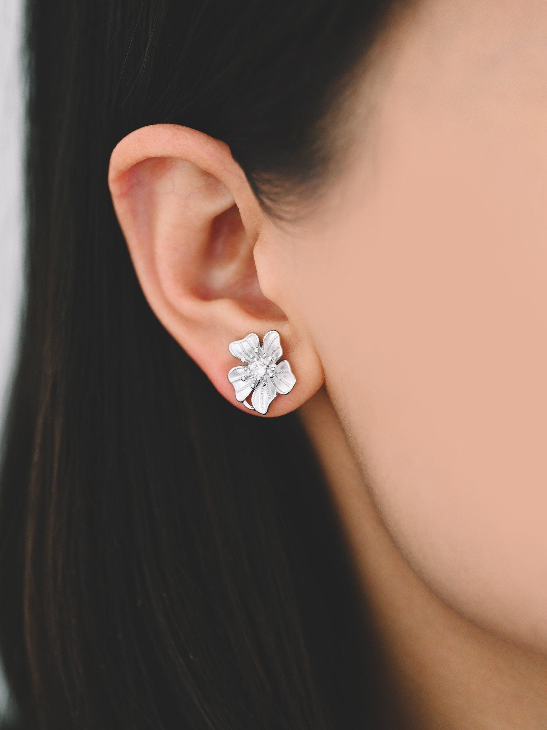 4pcs Gold/ Silver Tone Flower Earring with Loop, Gold/ Rhodium plated Brass, Floral Stud Earrings (GB-4282)