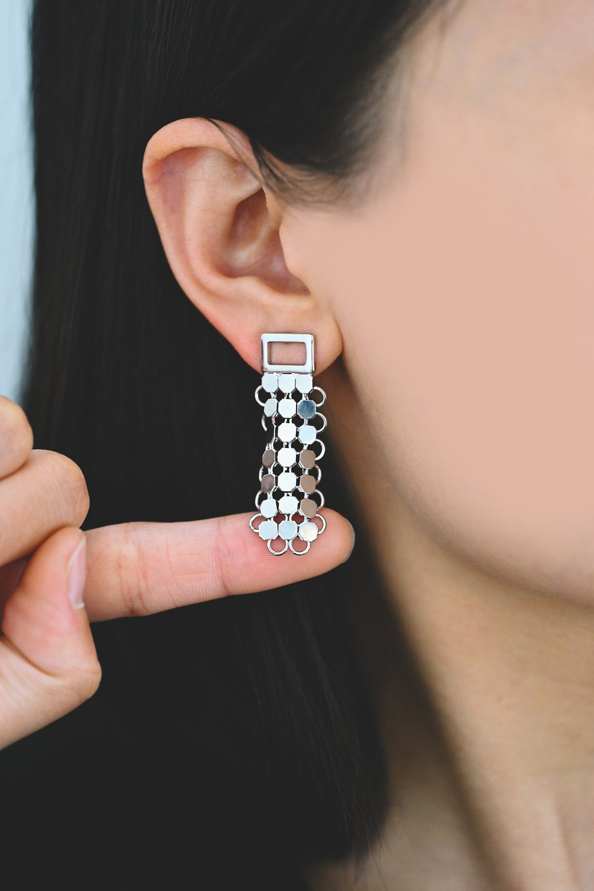 4pcs Gold/ Silver tone Mesh Drop Earrings, 18K Gold/ Rhodium plated Brass, Rectangle Dangle Earrings (GB-4294)