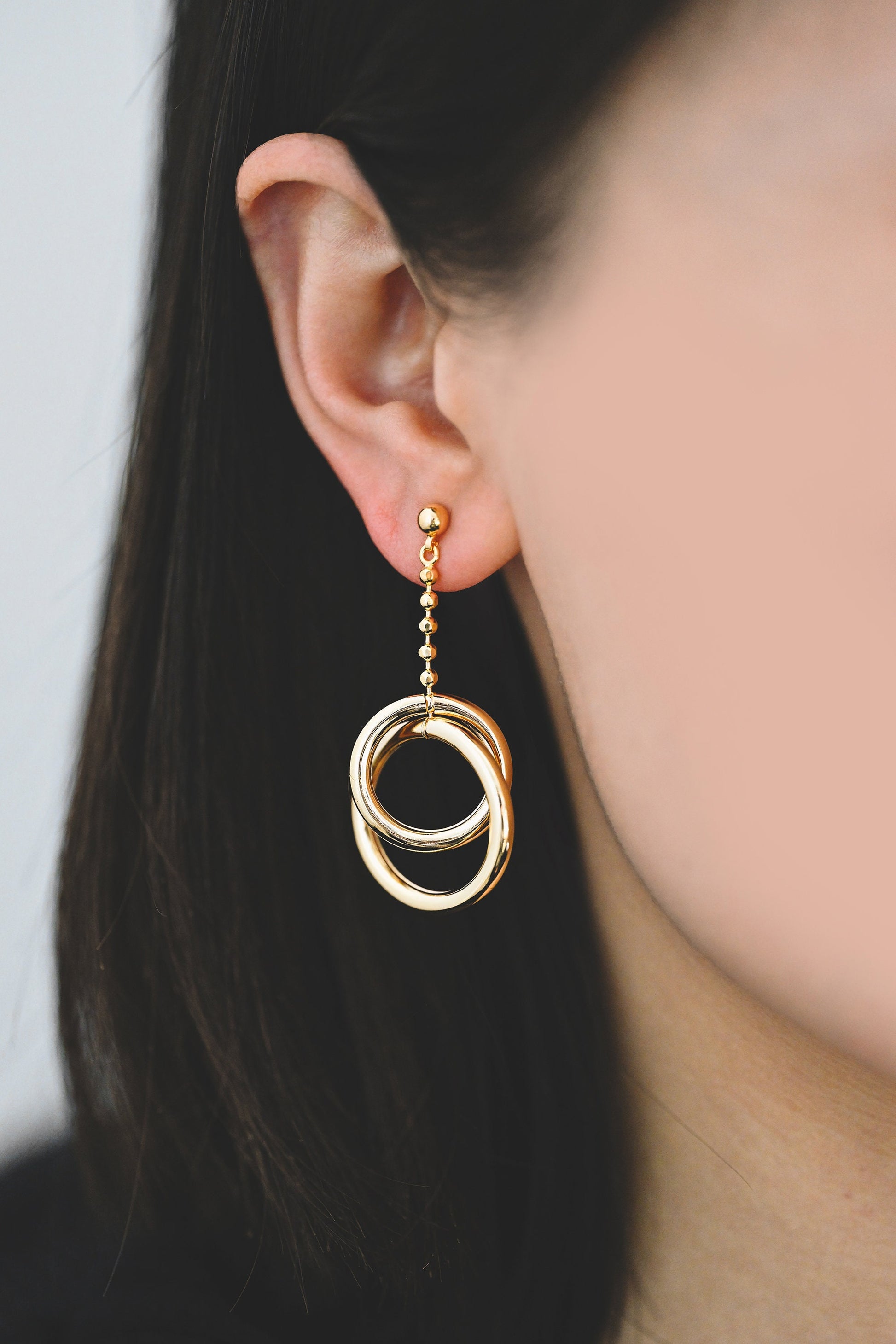 4pcs Gold/ Silver tone Double Circle Earrings, Gold Plated Brass Drop Earrings, Long Dangle Earring (GB-4297)